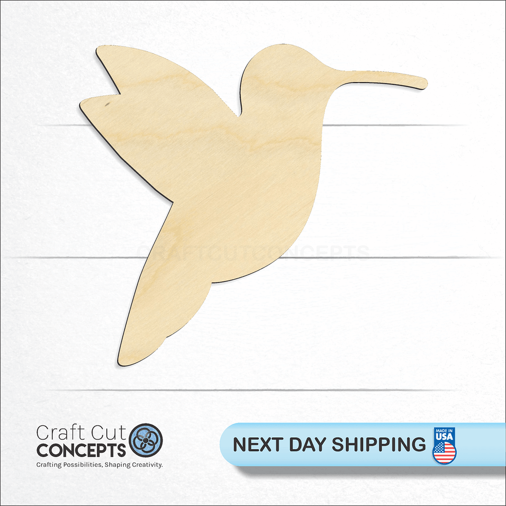 Craft Cut Concepts logo and next day shipping banner with an unfinished wood Hummingbird craft shape and blank