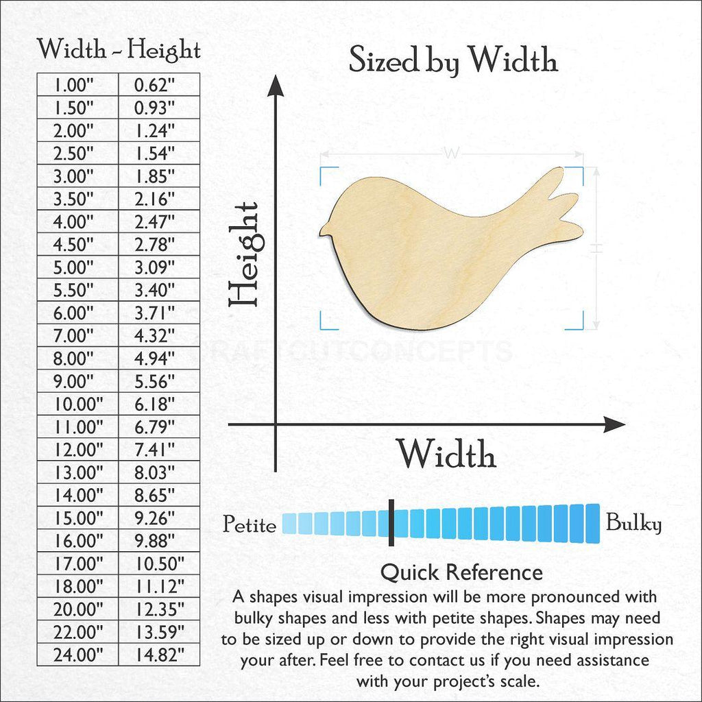 Sizes available for a laser cut Cute Bird craft blank