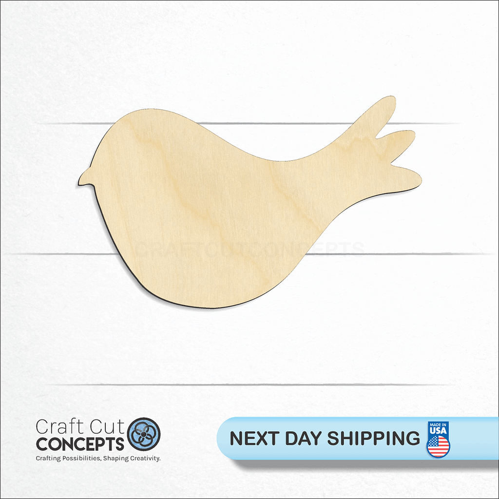 Craft Cut Concepts logo and next day shipping banner with an unfinished wood Cute Bird craft shape and blank