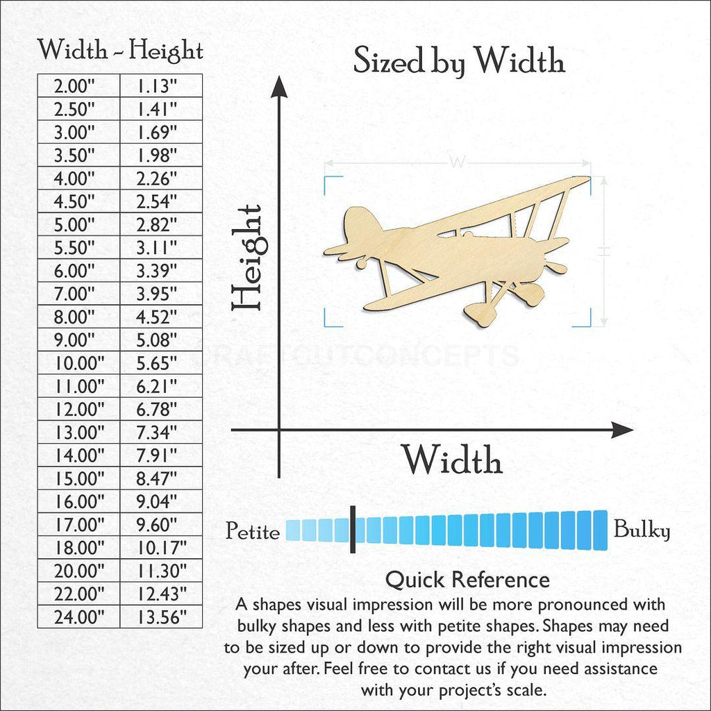 Sizes available for a laser cut Biplane Airplane craft blank