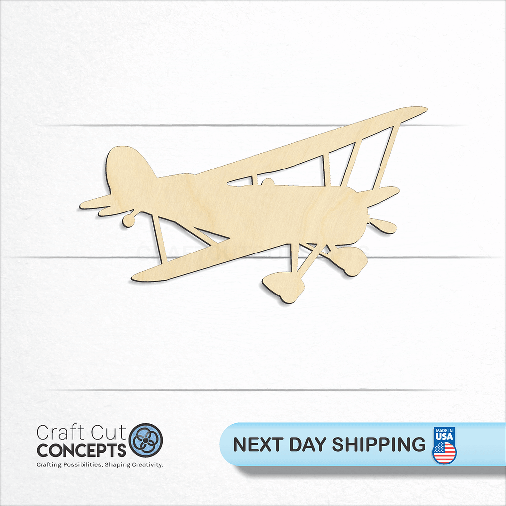 Craft Cut Concepts logo and next day shipping banner with an unfinished wood Biplane Airplane craft shape and blank