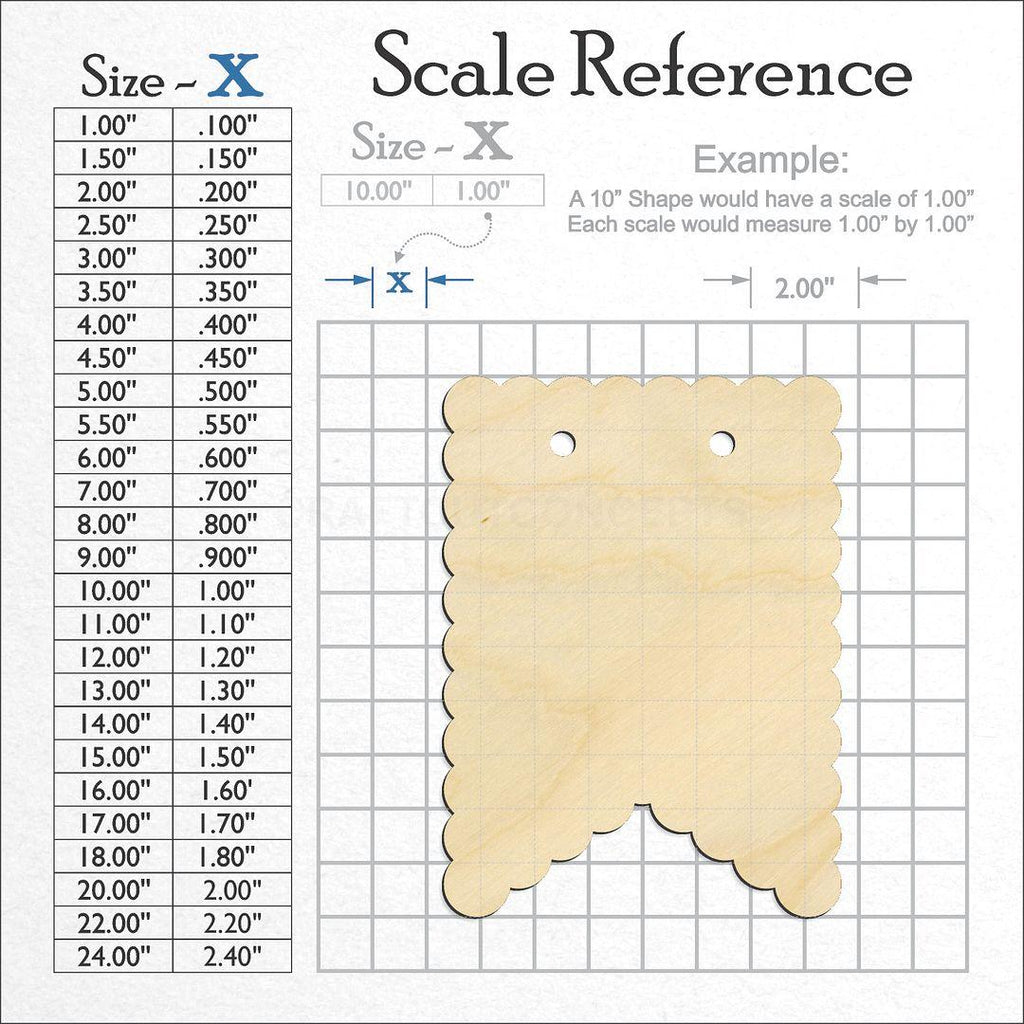 A scale and graph image showing a wood Banner Scalloped craft blank