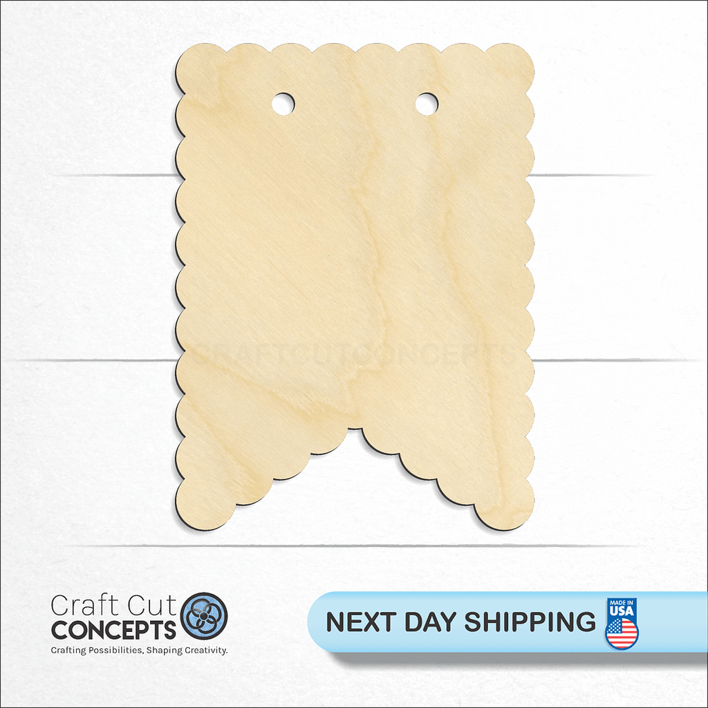 Craft Cut Concepts logo and next day shipping banner with an unfinished wood Banner Scalloped craft shape and blank