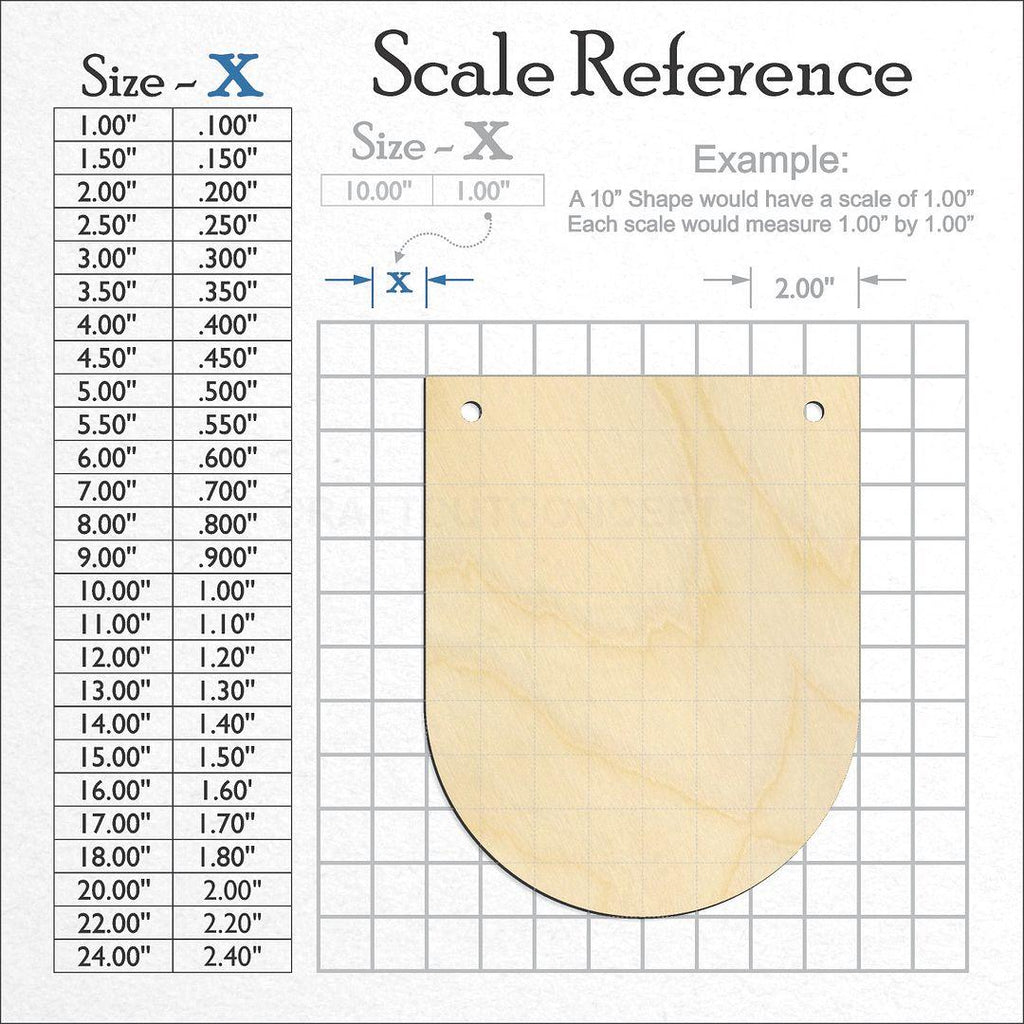 A scale and graph image showing a wood Rounded Banner Medium craft blank