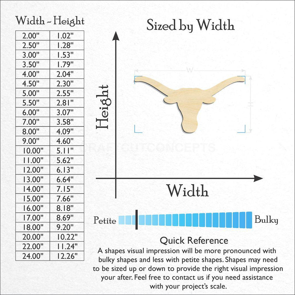 Sizes available for a laser cut Longhorn craft blank