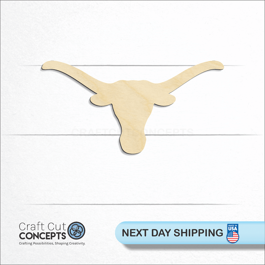 Craft Cut Concepts logo and next day shipping banner with an unfinished wood Longhorn craft shape and blank