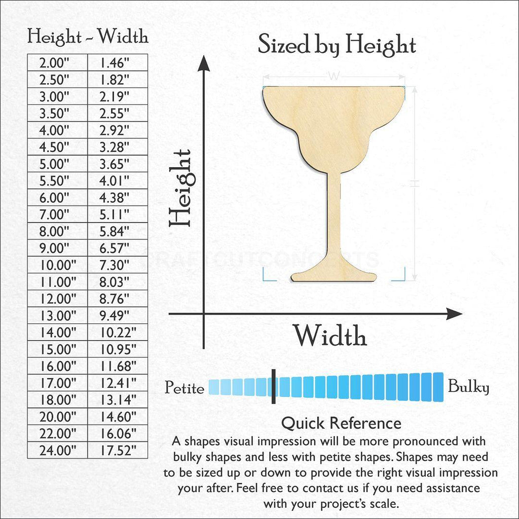 Sizes available for a laser cut Margarita Glass craft blank