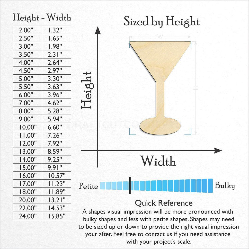 Sizes available for a laser cut Martini Glass craft blank