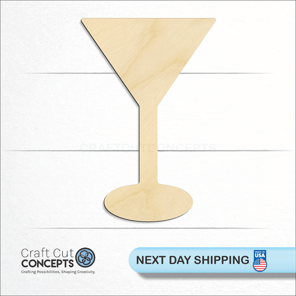 Craft Cut Concepts logo and next day shipping banner with an unfinished wood Martini Glass craft shape and blank