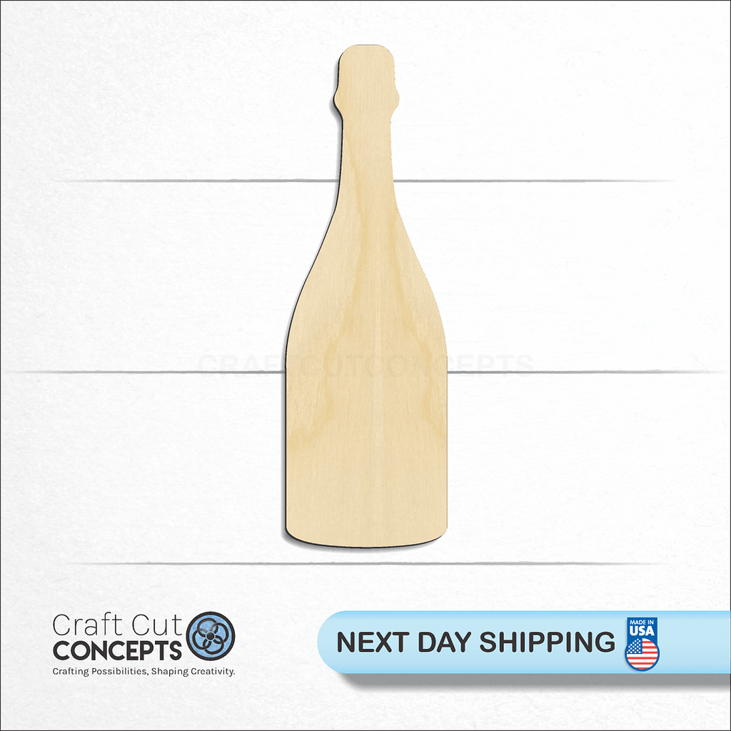 Craft Cut Concepts logo and next day shipping banner with an unfinished wood Champane Bottle craft shape and blank