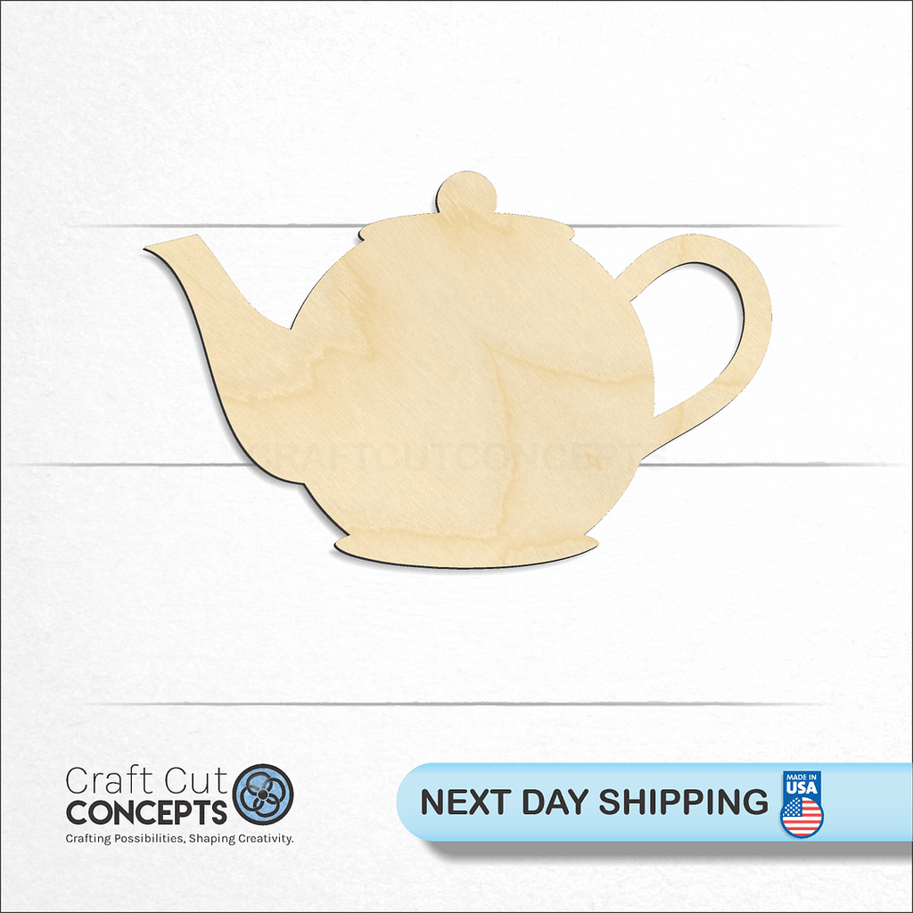 Craft Cut Concepts logo and next day shipping banner with an unfinished wood Tea Pot craft shape and blank