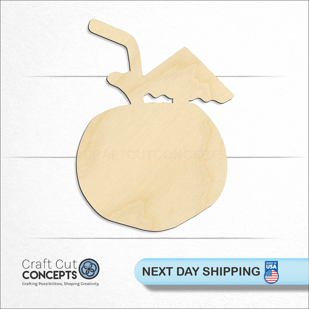 Craft Cut Concepts logo and next day shipping banner with an unfinished wood Coconut Drink craft shape and blank