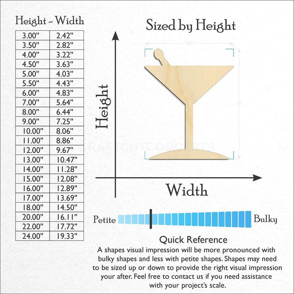 Sizes available for a laser cut Martini Glass craft blank