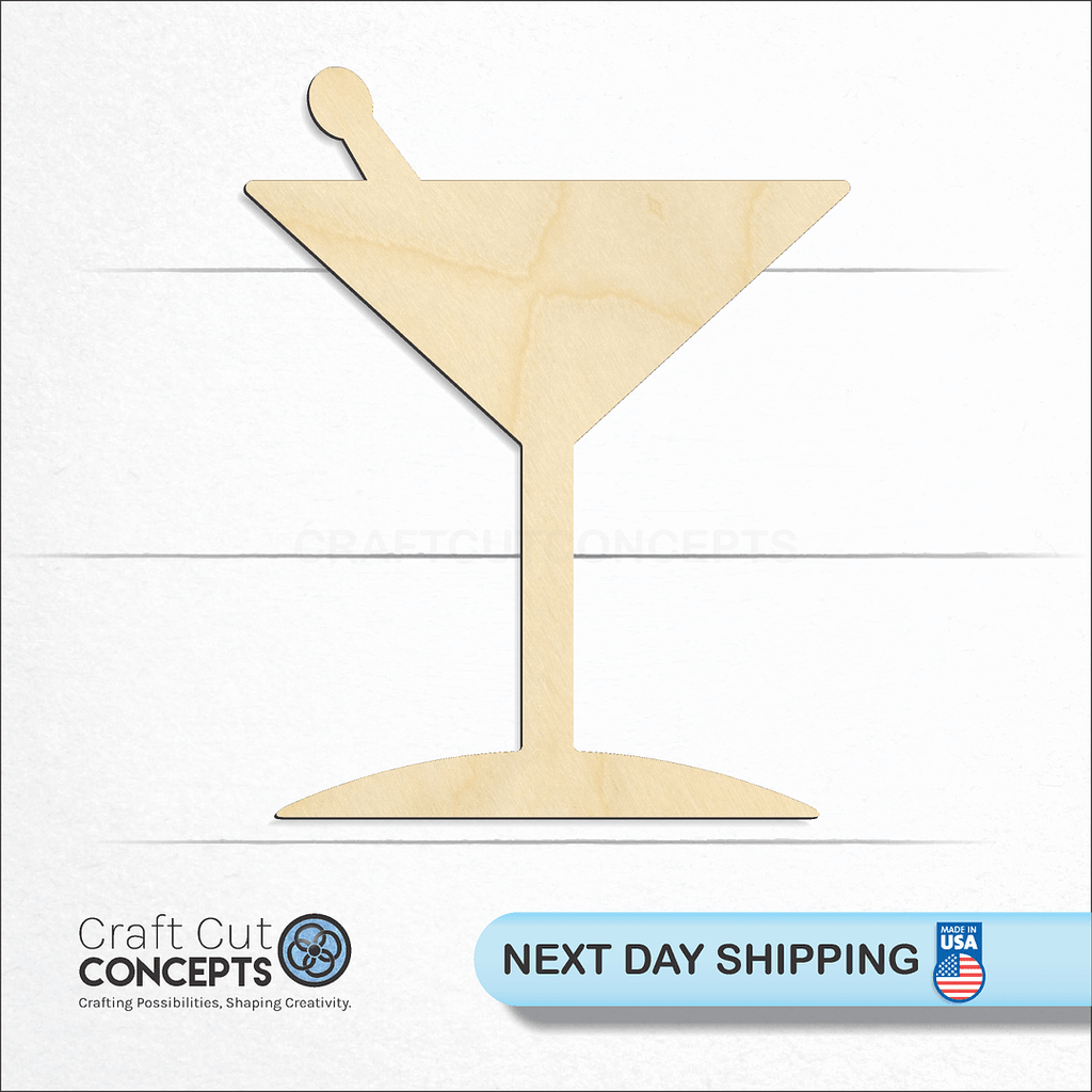 Craft Cut Concepts logo and next day shipping banner with an unfinished wood Martini Glass craft shape and blank