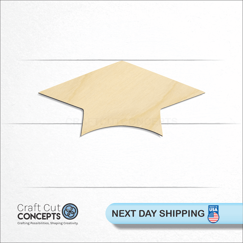 Craft Cut Concepts logo and next day shipping banner with an unfinished wood Graduation Cap craft shape and blank