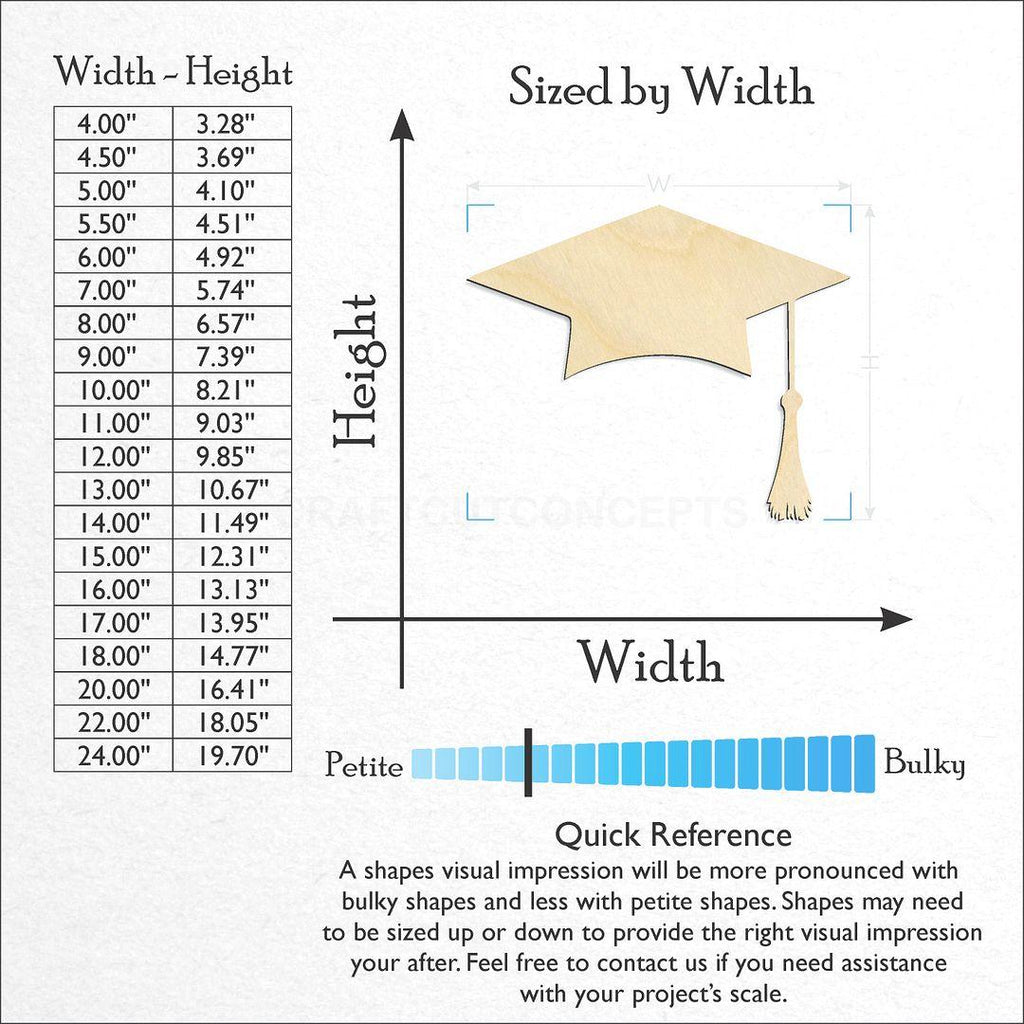 Sizes available for a laser cut Graduation Cap craft blank