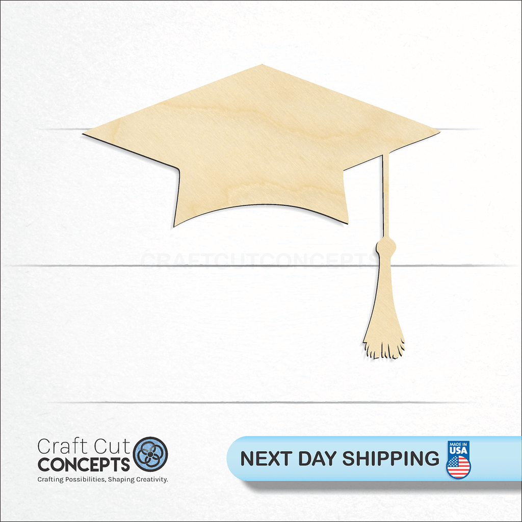 Craft Cut Concepts logo and next day shipping banner with an unfinished wood Graduation Cap craft shape and blank