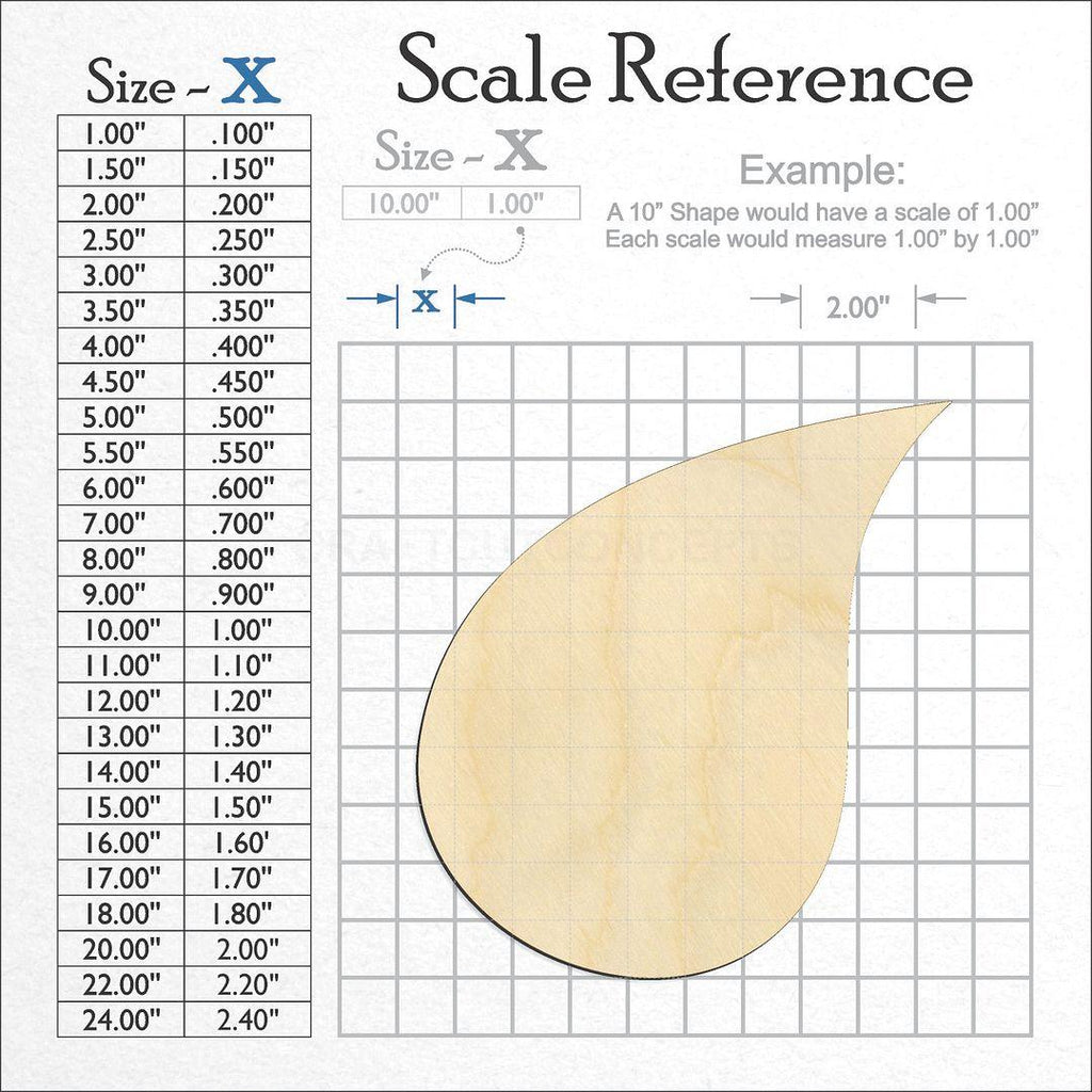 A scale and graph image showing a wood Tear Rain Drop-2 craft blank