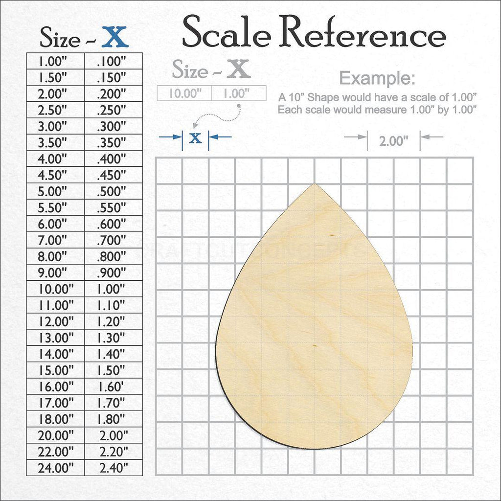 A scale and graph image showing a wood Tear Rain Drop craft blank