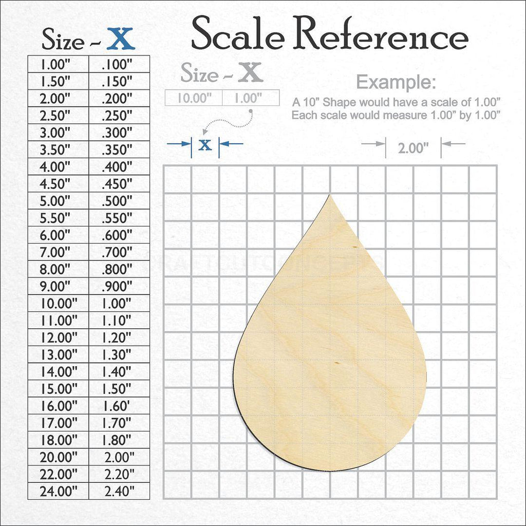 A scale and graph image showing a wood Tear Rain Drop craft blank