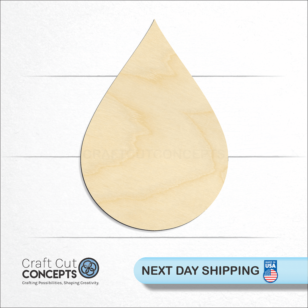 Craft Cut Concepts logo and next day shipping banner with an unfinished wood Tear Rain Drop craft shape and blank