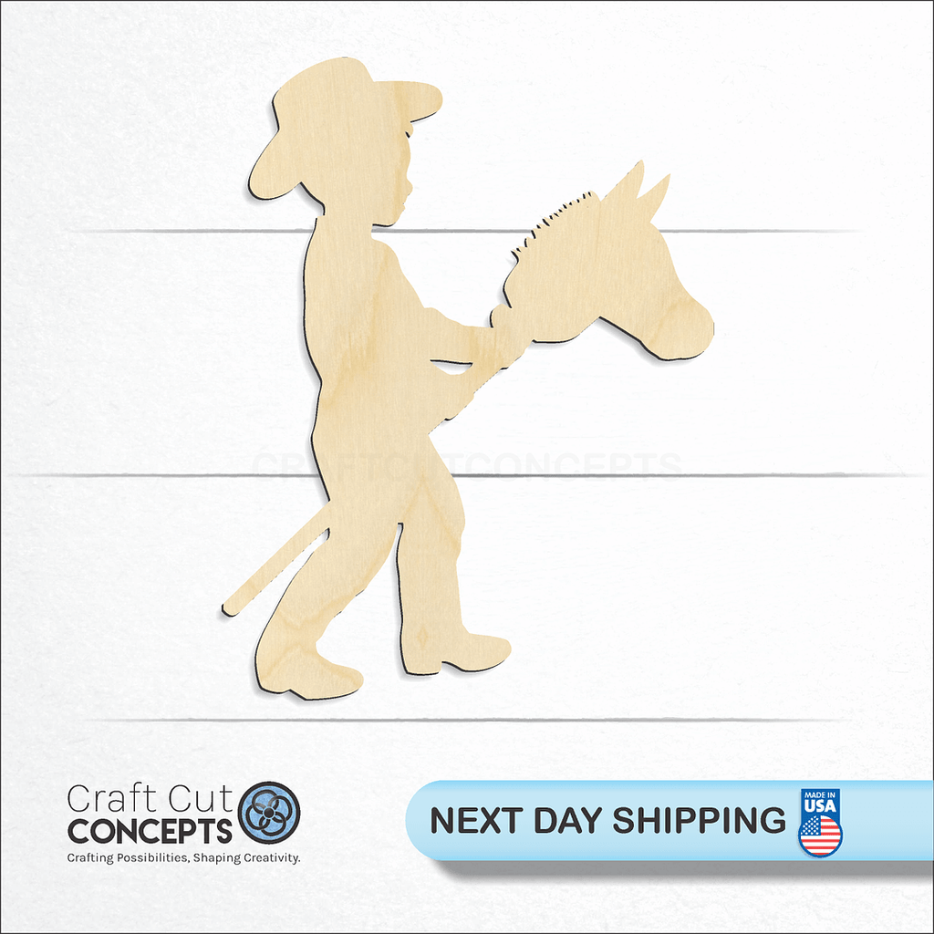 Craft Cut Concepts logo and next day shipping banner with an unfinished wood Kid Riding toy horse craft shape and blank