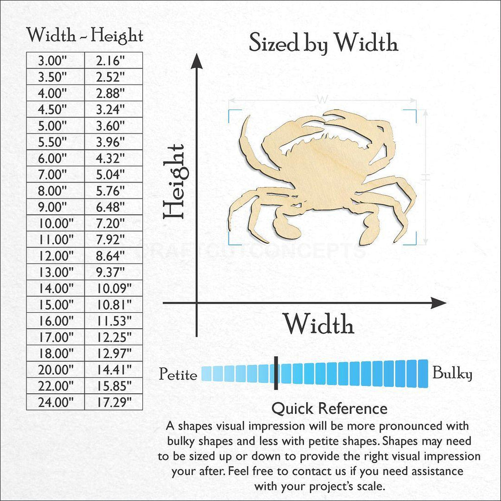 Sizes available for a laser cut Blue Crab craft blank