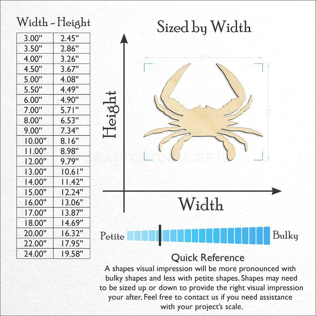 Sizes available for a laser cut Blue Crab craft blank