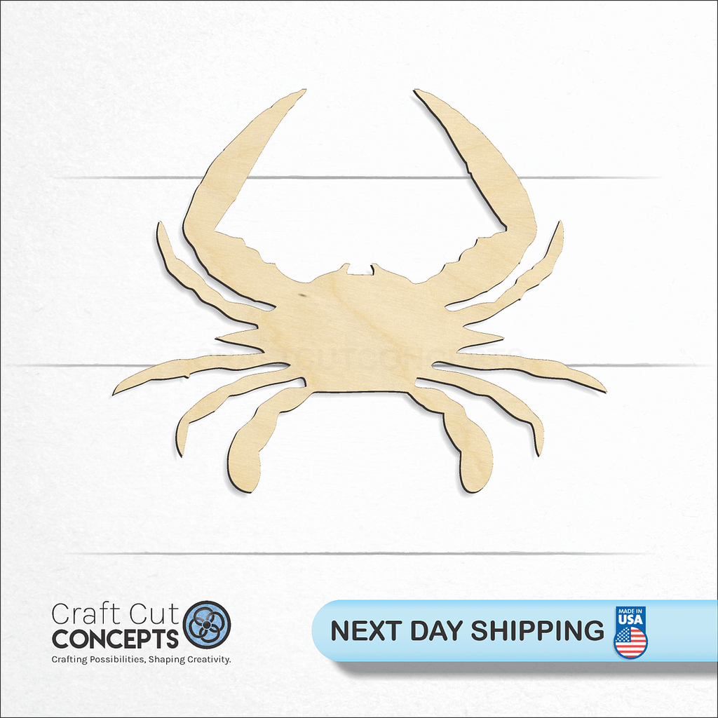 Craft Cut Concepts logo and next day shipping banner with an unfinished wood Blue Crab craft shape and blank