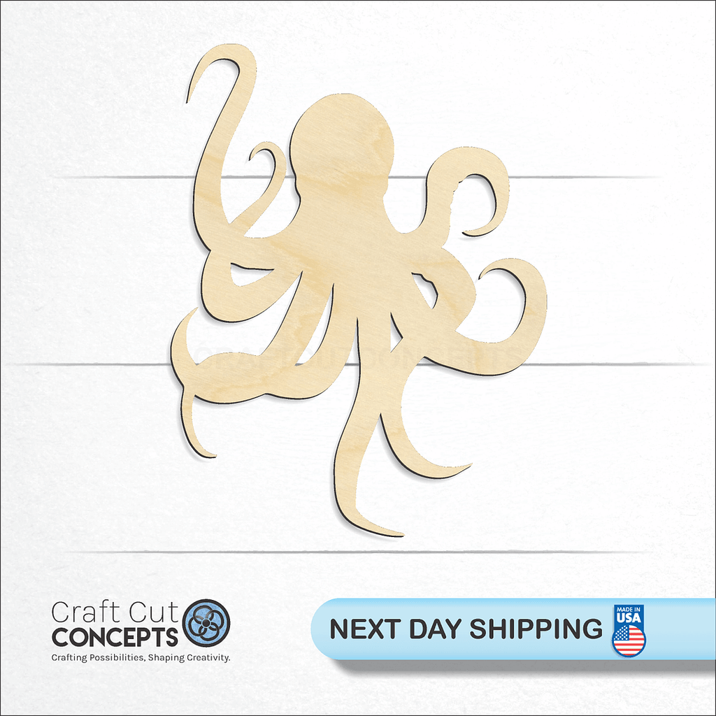 Craft Cut Concepts logo and next day shipping banner with an unfinished wood Octopus craft shape and blank