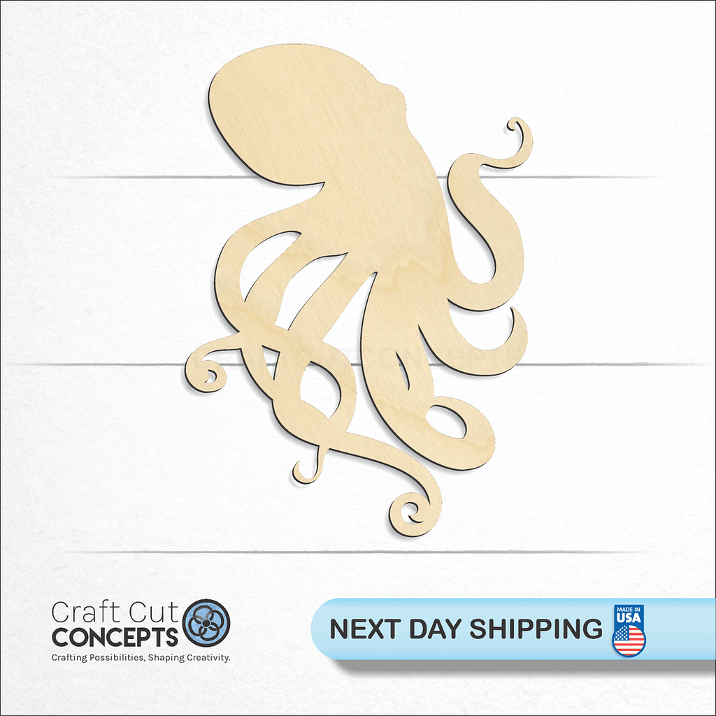 Craft Cut Concepts logo and next day shipping banner with an unfinished wood Octopus craft shape and blank