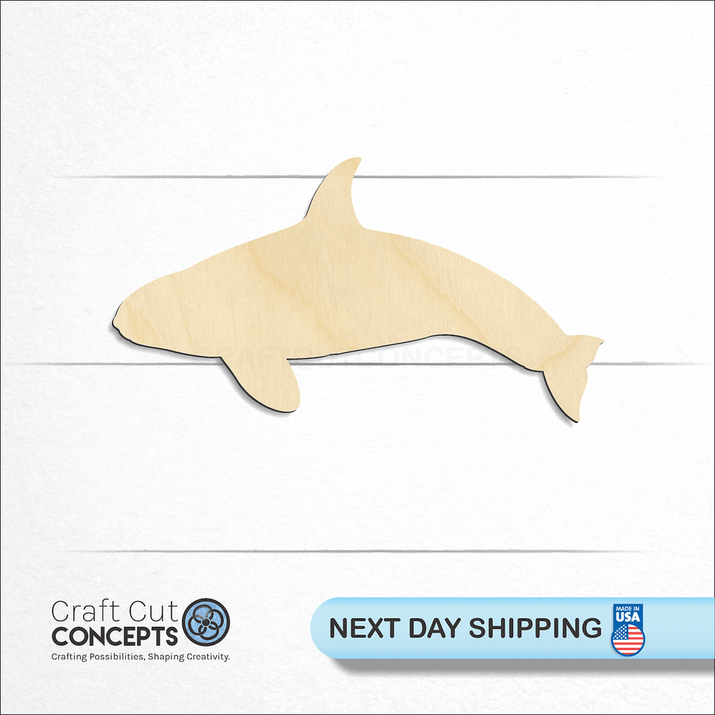 Craft Cut Concepts logo and next day shipping banner with an unfinished wood Killer Whale Orca craft shape and blank