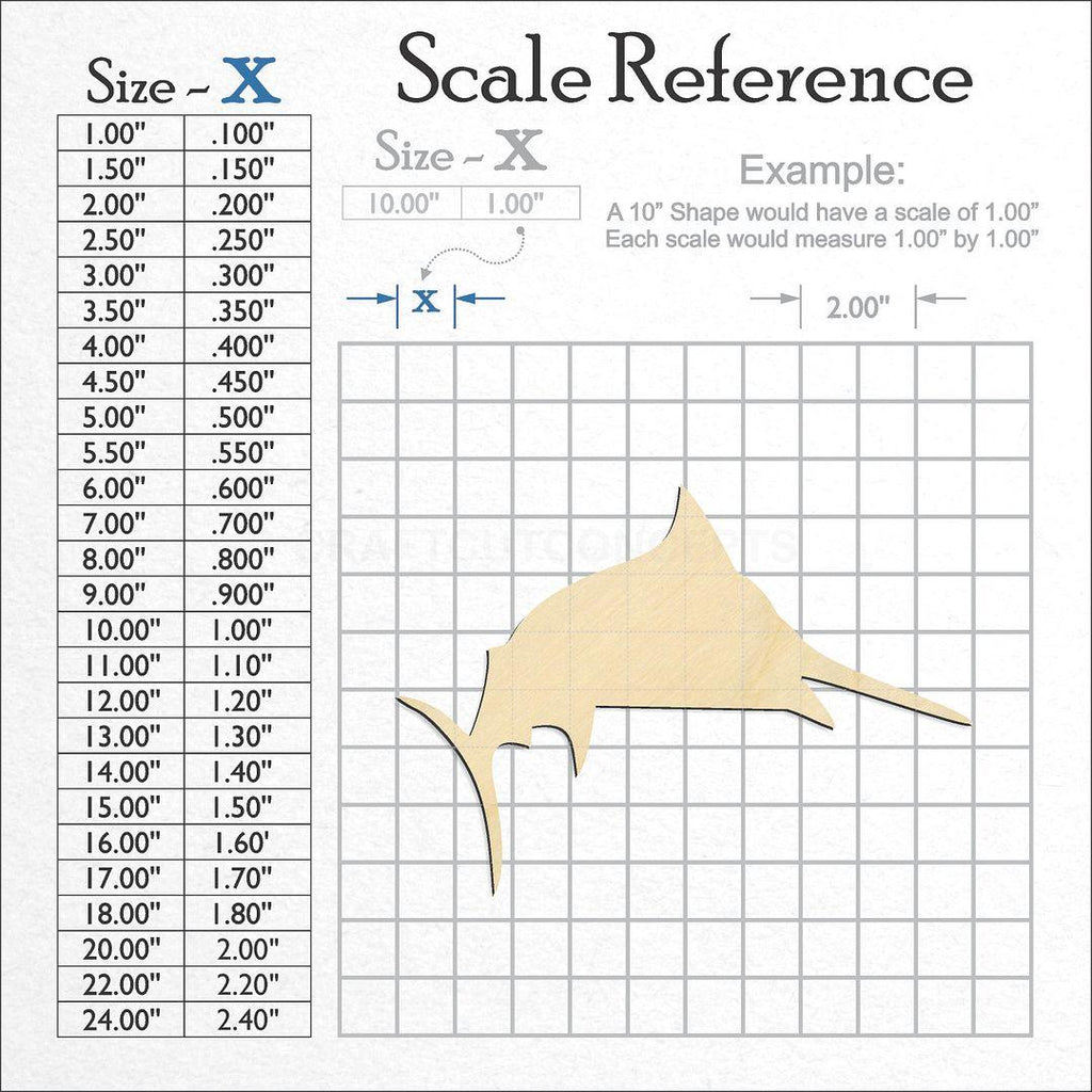 A scale and graph image showing a wood Sword Fish craft blank