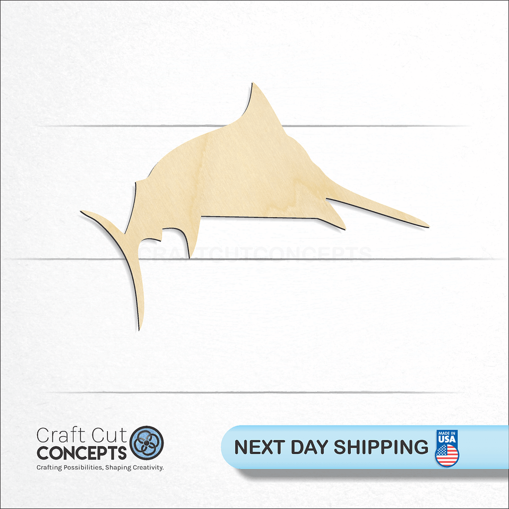 Craft Cut Concepts logo and next day shipping banner with an unfinished wood Sword Fish craft shape and blank