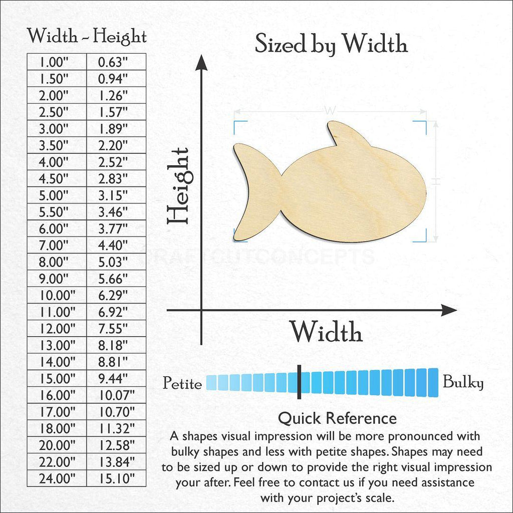 Sizes available for a laser cut Fish craft blank