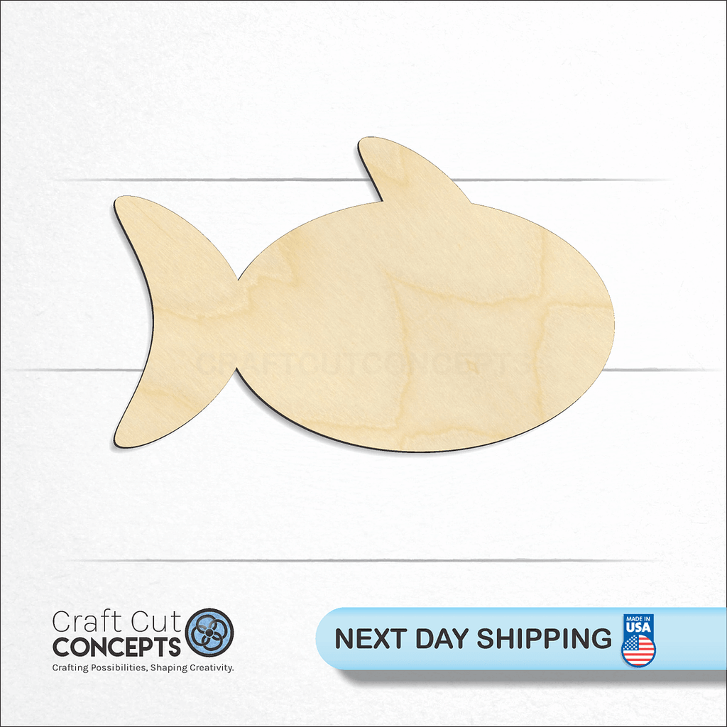 Craft Cut Concepts logo and next day shipping banner with an unfinished wood Fish craft shape and blank