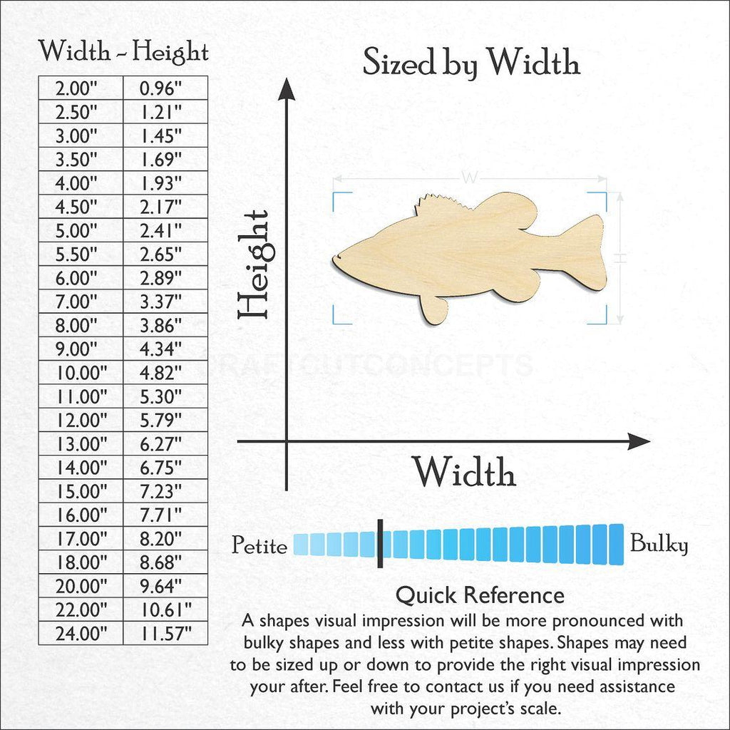 Sizes available for a laser cut Bass Fish craft blank