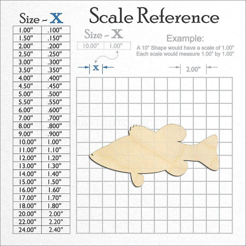 A scale and graph image showing a wood Bass Fish craft blank