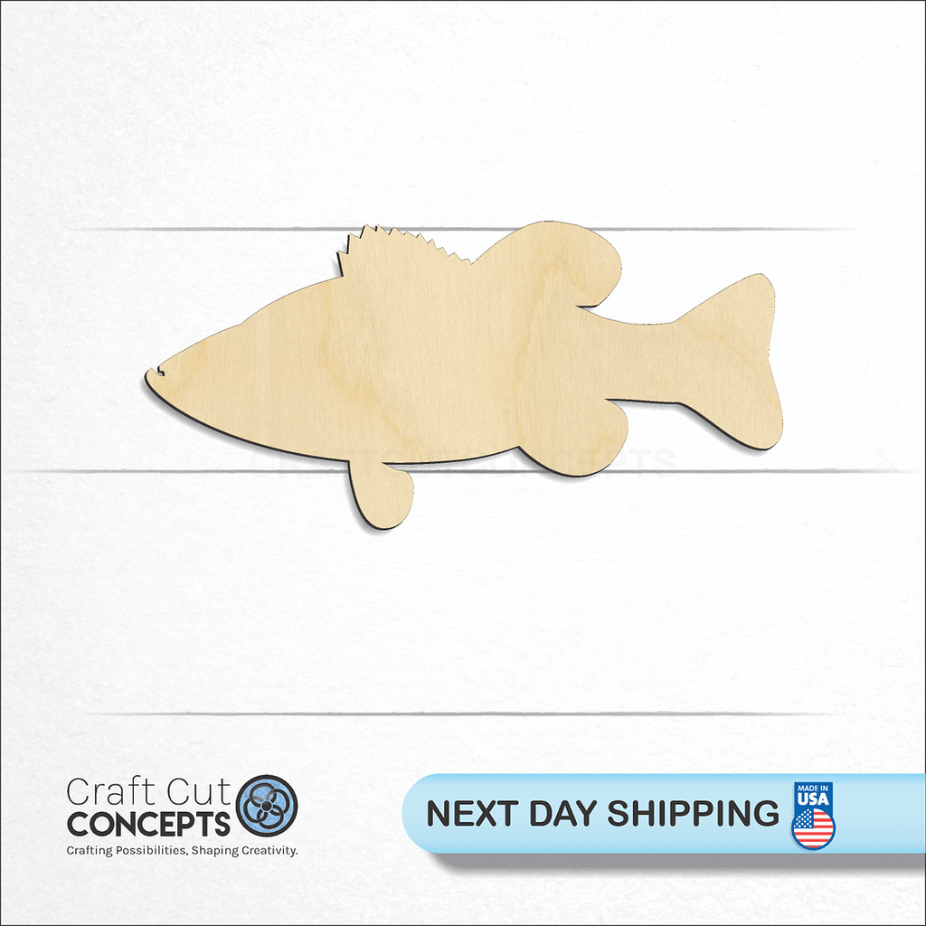 Craft Cut Concepts logo and next day shipping banner with an unfinished wood Bass Fish craft shape and blank