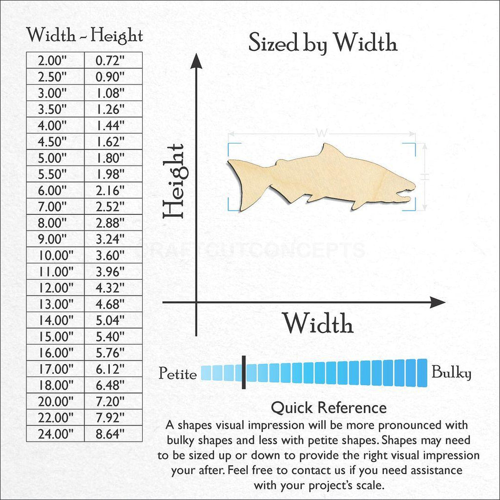 Sizes available for a laser cut Salmon craft blank