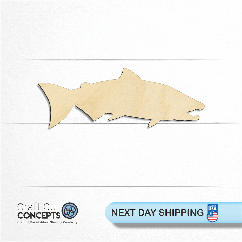 Craft Cut Concepts logo and next day shipping banner with an unfinished wood Salmon craft shape and blank