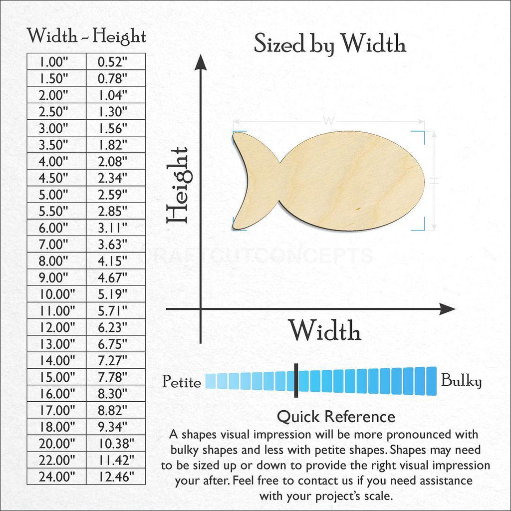 Sizes available for a laser cut Fish craft blank