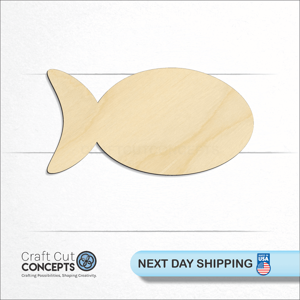 Craft Cut Concepts logo and next day shipping banner with an unfinished wood Fish craft shape and blank