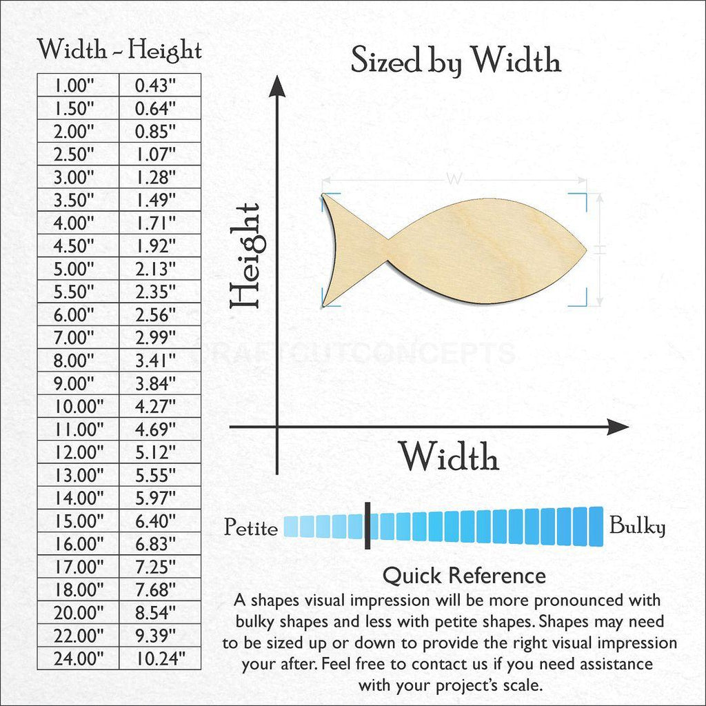 Sizes available for a laser cut Fish craft blank
