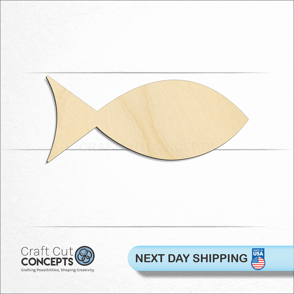 Craft Cut Concepts logo and next day shipping banner with an unfinished wood Fish craft shape and blank