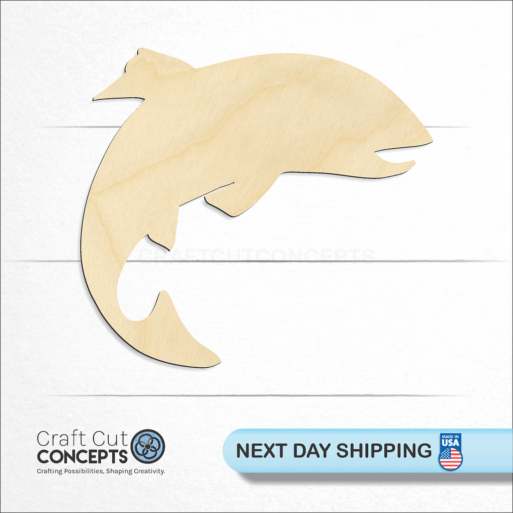 Craft Cut Concepts logo and next day shipping banner with an unfinished wood Salmon Fish craft shape and blank