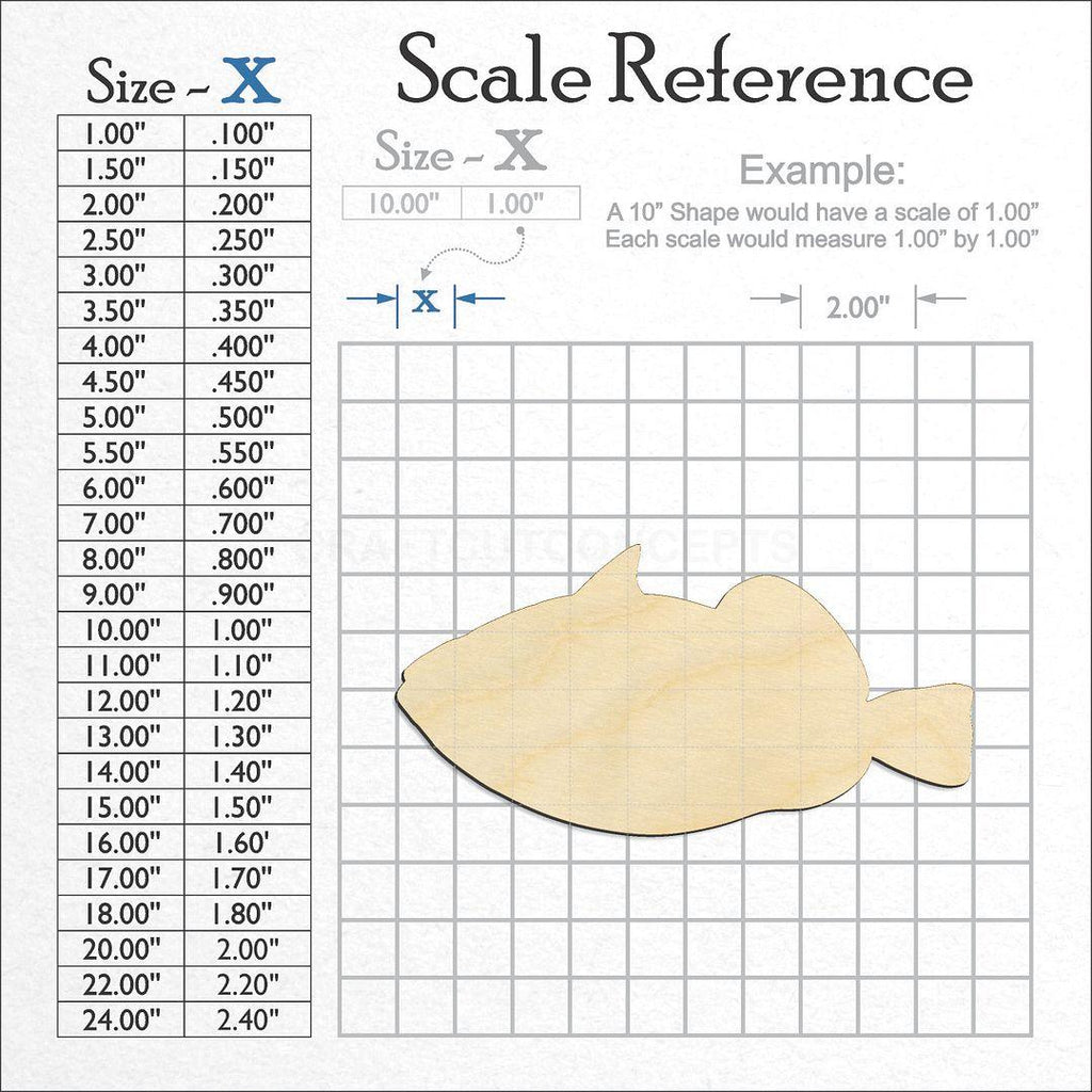 A scale and graph image showing a wood Trigger Fish craft blank