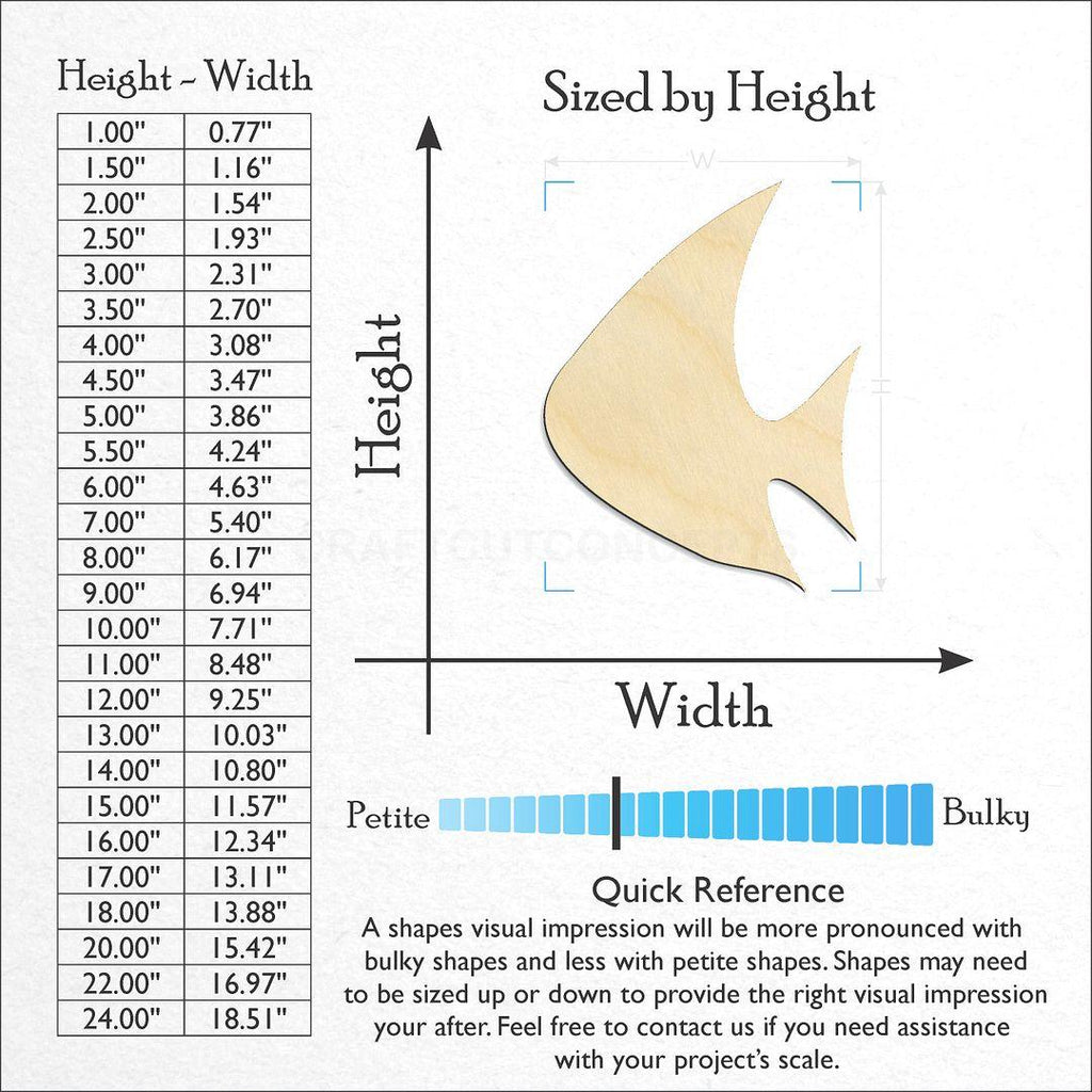 Sizes available for a laser cut Generic Topical Fish craft blank