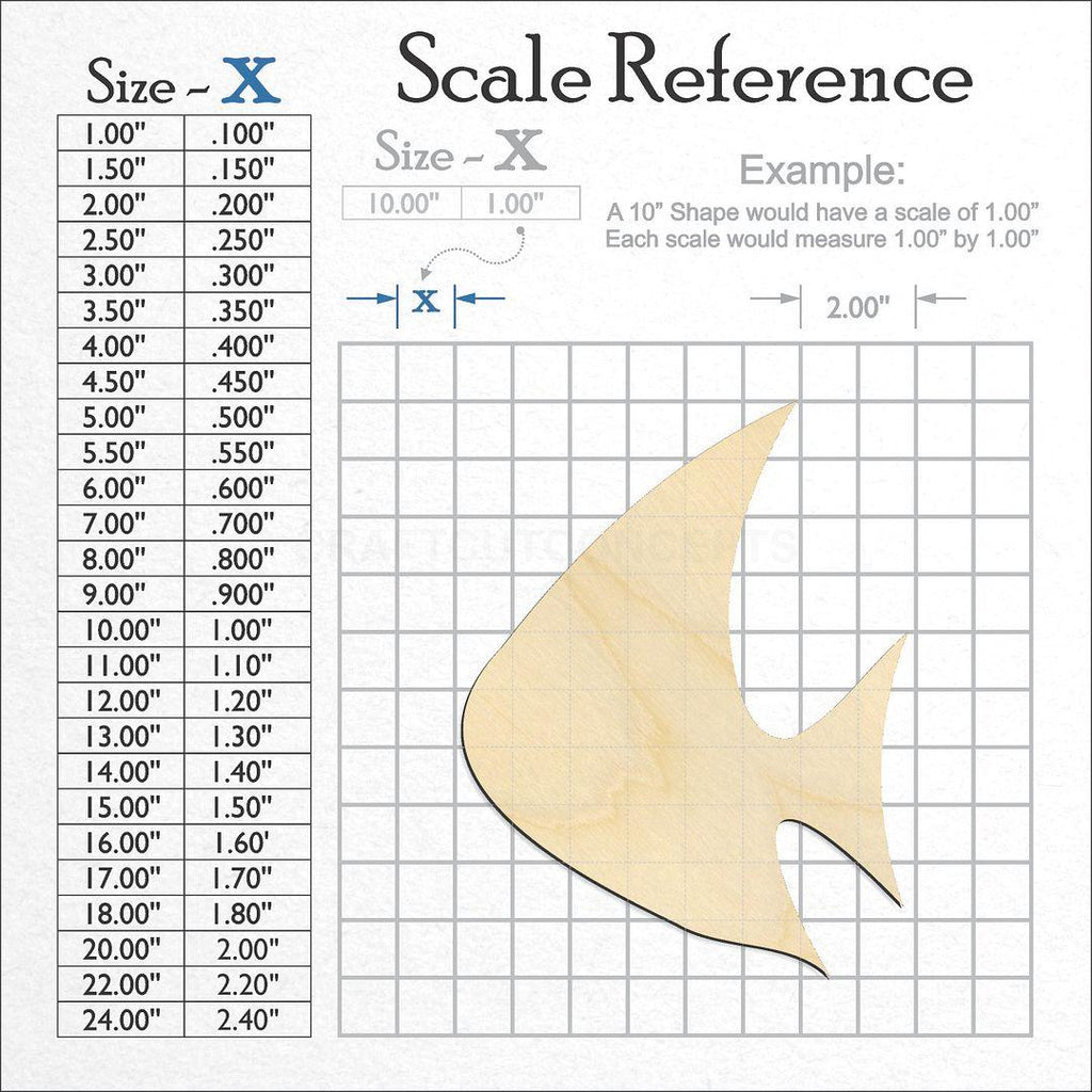 A scale and graph image showing a wood Generic Topical Fish craft blank