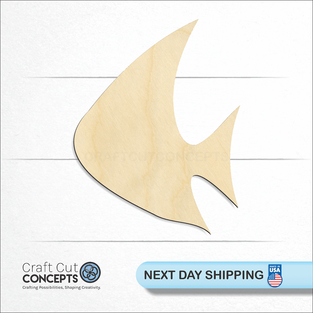 Craft Cut Concepts logo and next day shipping banner with an unfinished wood Generic Topical Fish craft shape and blank